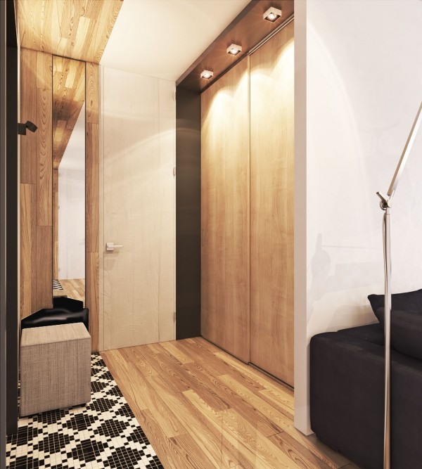 Contemporary apartment design elevator entrance wood flooring