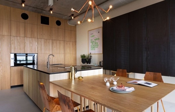 Modern-penthouse-design-kitchen-dining-area copper chairs