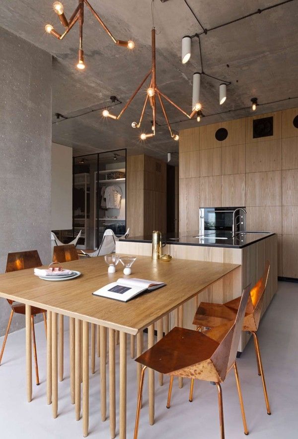 Modern-penthouse-design-kitchen-dining-area copper light fixtures