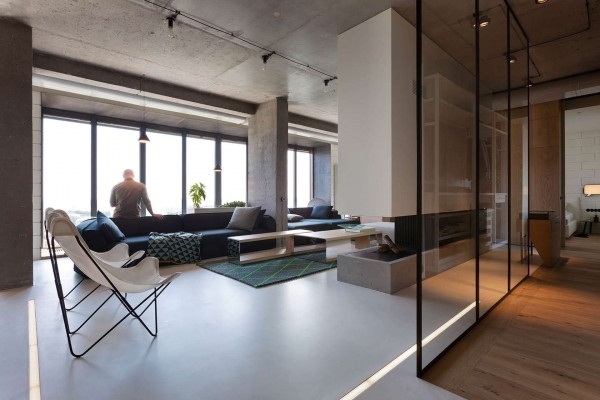 Modern-penthouse-design-sliding glass room divider living area