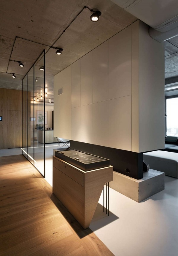 Modern-penthouse-interior-design-industrial-style lighting glass room divider