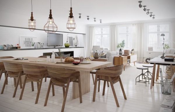 Open plan dining room scandinavian decor polished wood floors wood furniture