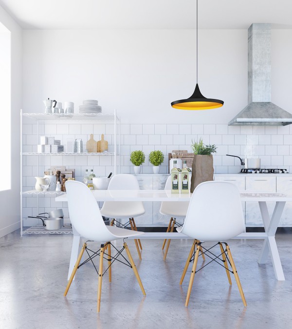 Scandinavian dining room design ideas polished concrete floor white dining furniture