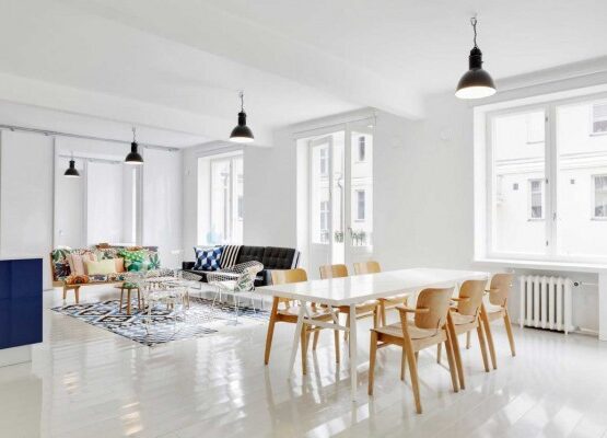 Scandinavian-dining-room-furniture-ideas-polished-white-dining-table-wooden-chairs