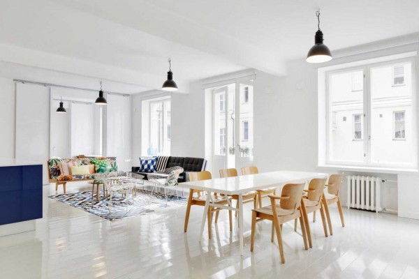 Scandinavian dining room furniture ideas polished white dining table wooden chairs