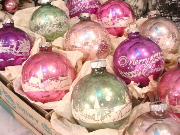 Vintage Christmas ornaments shiny pinks purple green glass balls