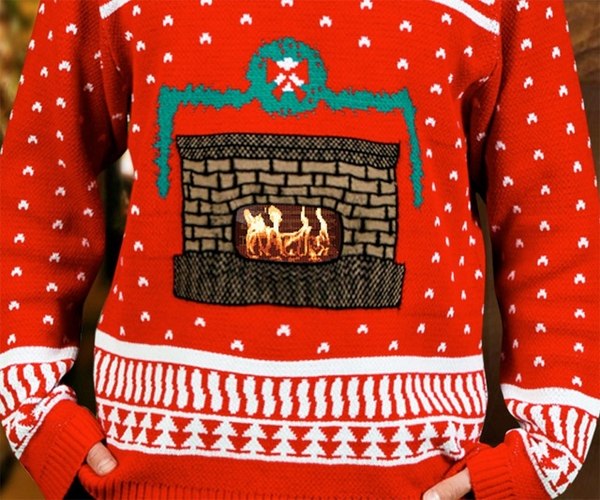 animated ugly sweater fireplace mantel