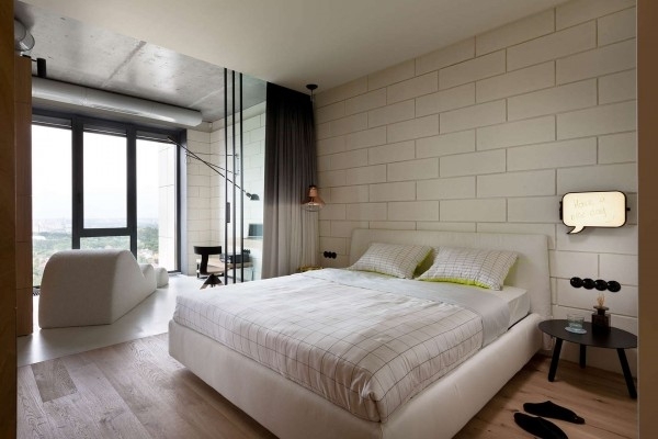 bedroom-design-ideas-white brick wall wood flooring