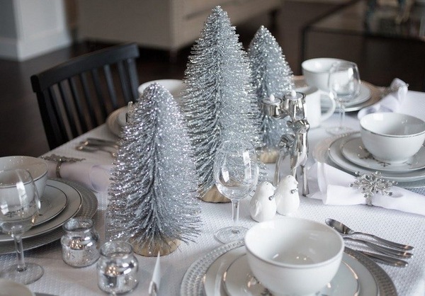 christmas table decoration ideas silver trees centerpiece festive table decor