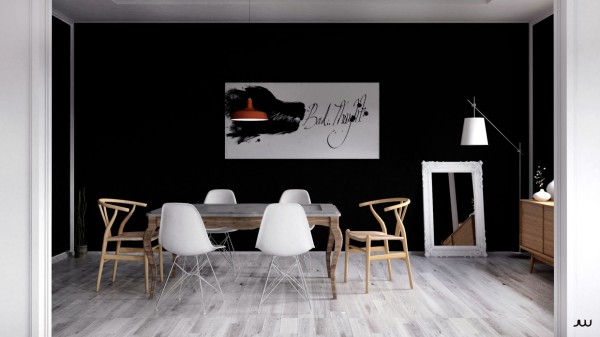 Scandinavian-style-dining-room-ideas black accent wall wood flooring