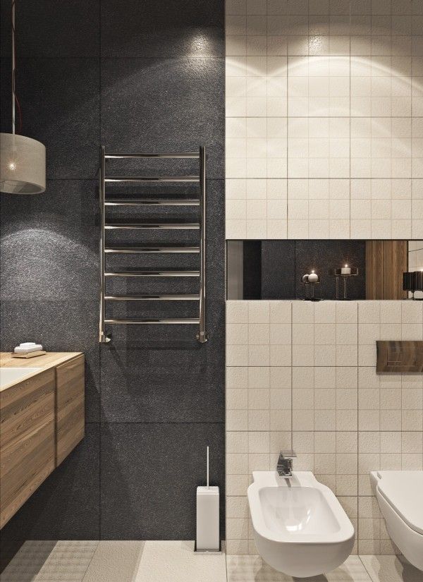 contemporary bathroom design towel warmer black white tiles 