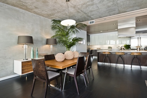 modern dining room black bamboo floor decor concrete walls and ceiling