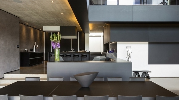 minimalist home interior polished concrete flooring dark gray kitchen