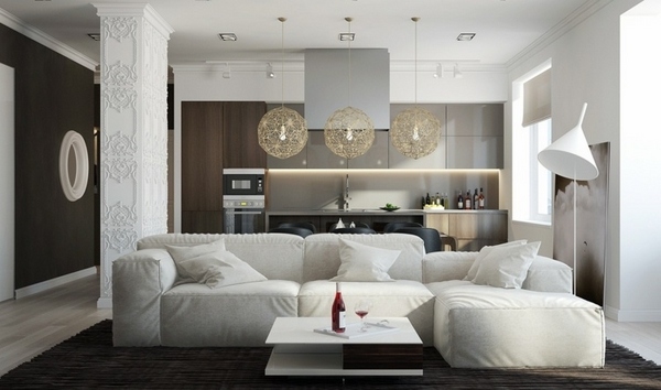 contemporary interior design in neutral colors large white sofa modern lighting 