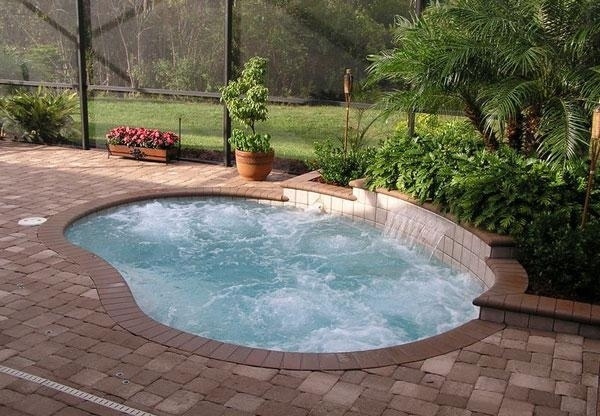 garden pool design lush planting paving stones