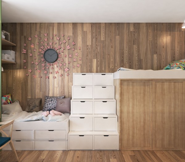 kids bedroom design natural wood wall paneling storage ideas
