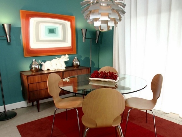 mid century dining room design glass table chandelier 