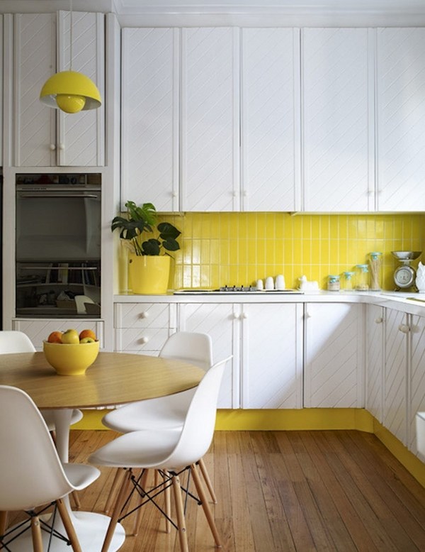 kitchen design white yellow colors round table