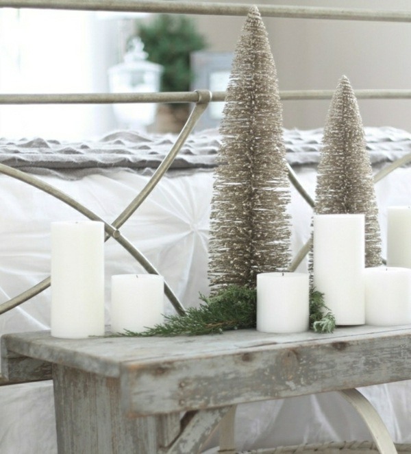 mini white candles rustic bench