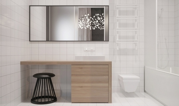 minimalist bathroom design white tiles wooden vanity