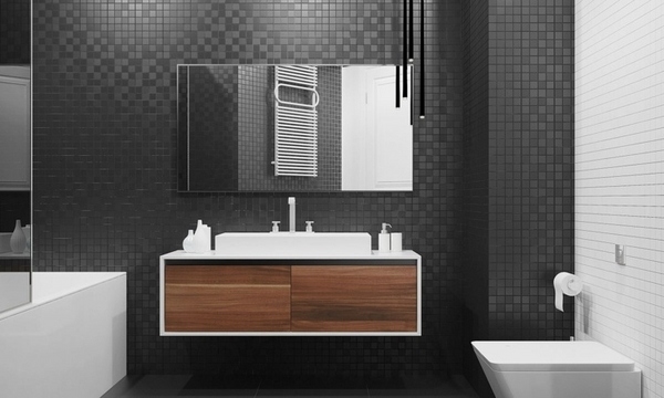 modern bathroom black white wall tiles wood front vanity cabinet