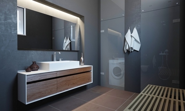 modern bathroom design floating vanity gray wall tiles