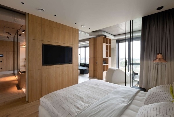 bedroom-design-wood-panel-room-divider-blackout-curtains