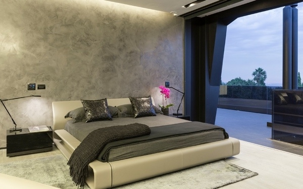 bedroom neutral colors gray shades glass wall