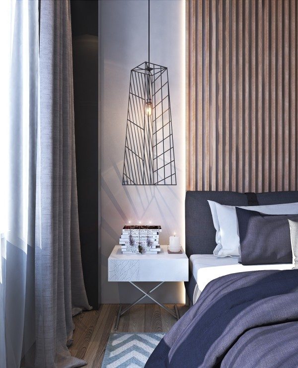 bedroom lighting ideas wire lightbulb cage white bedside table