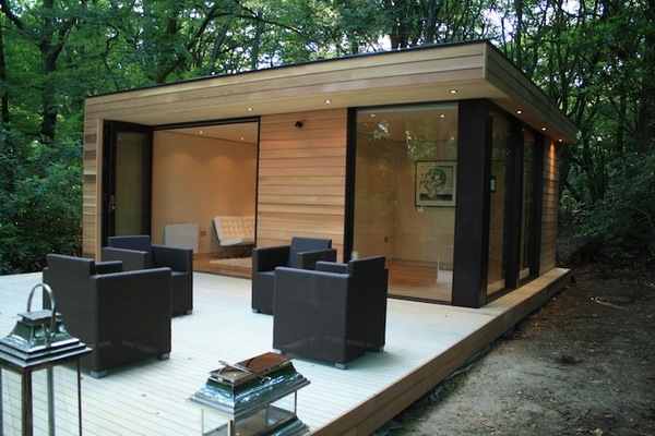 modern garden shed design large windows wooden deck 