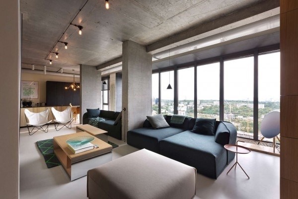 modern loft apartment open floor plan glass wall