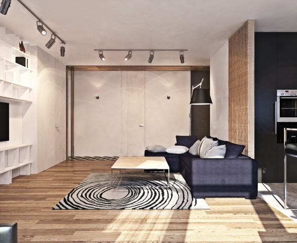 modern open plan living room wood flooring L shaped sofa