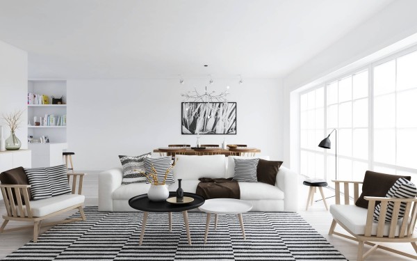 area rug black white stripes white sofa