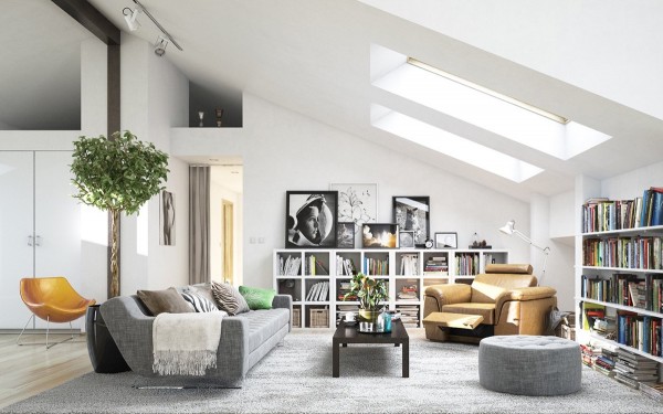 attic living room gray sofa skylights