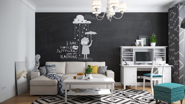 scandinavian living room design ideas neutral colors chalkboard wall wood coffee table