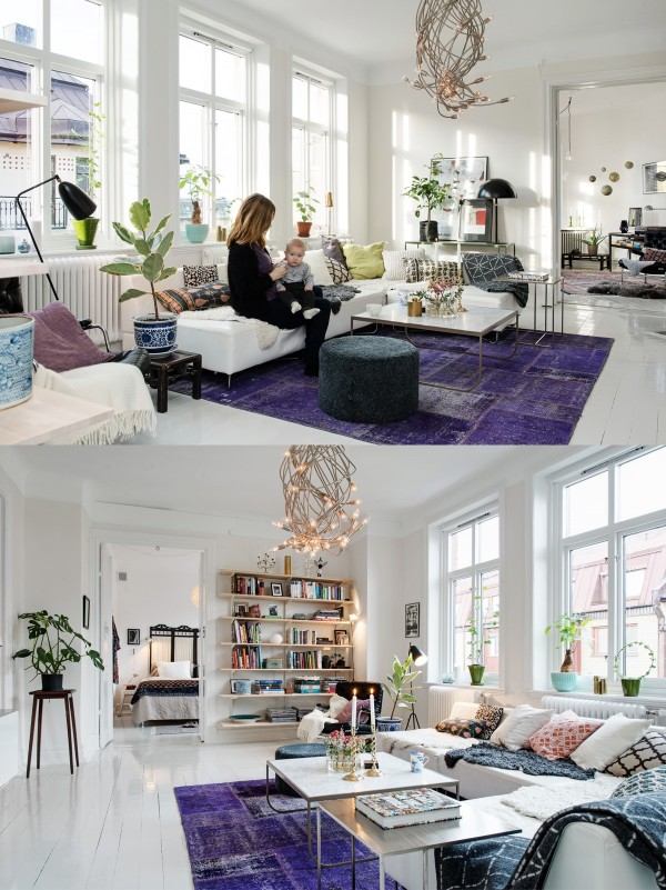 scandinavian living room design ideas white open shelves purple area rug