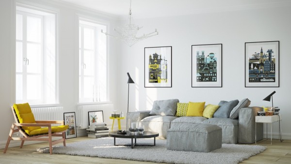 scandinavian living room furniture ideas gray low coffee table yellow side chair
