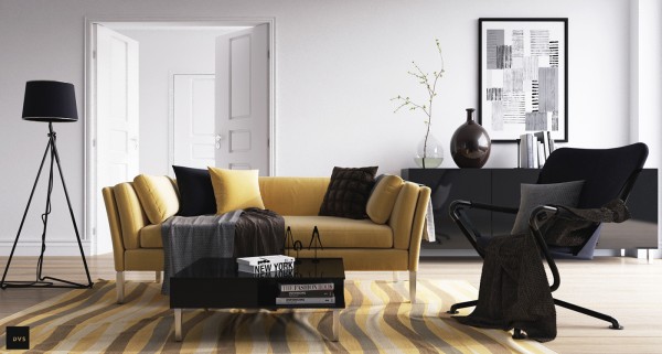 scandinavian living room furniture ideas mustard sofa black credenza armchair