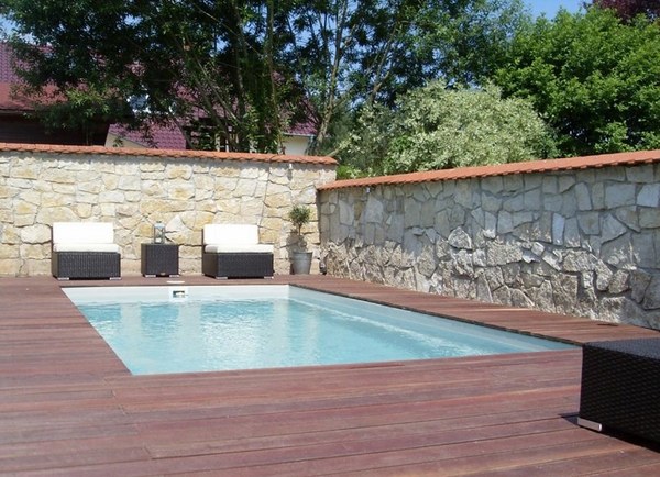 small backyard ideas rectangular inground pool wood patio deck 