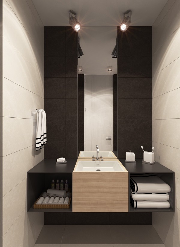 small bathroom design wood panel sink white tiles black wall