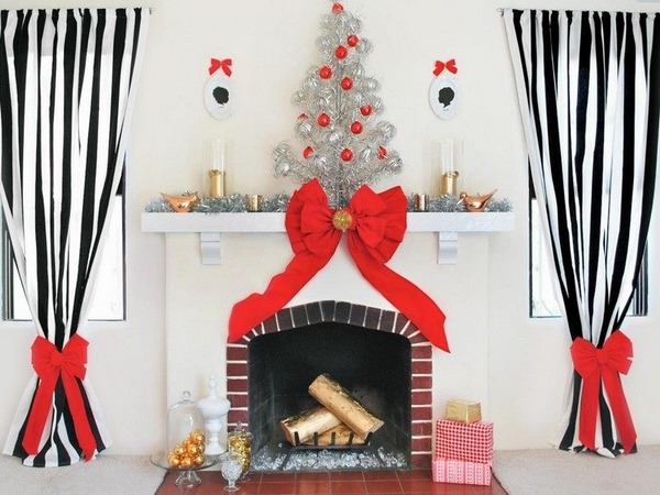 tabletop christmas trees fireplace mantel decoration ideas silver tree red balls