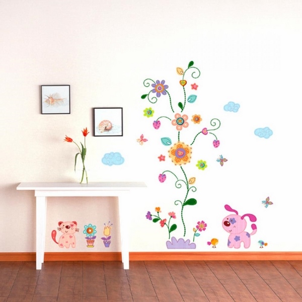 Childrens-wall-decals-ideas-nursery-room-wall-decoration-flowers-clouds