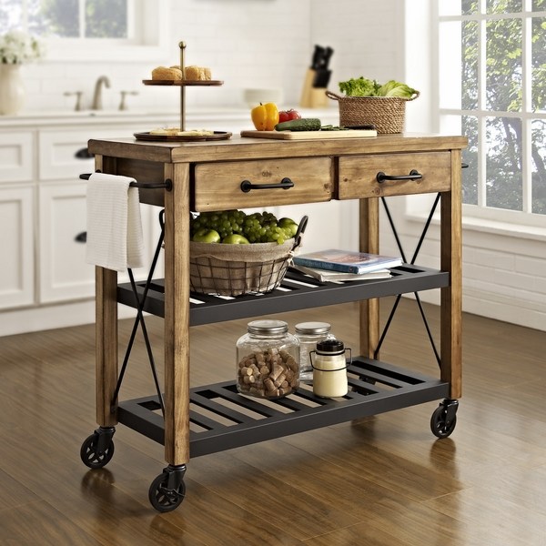 Kitchen cart wood top drawers racks industrial decor