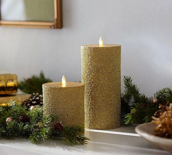 Pottery-barn-Christmas-decoration-ideas-gold-beaded-pillar candle