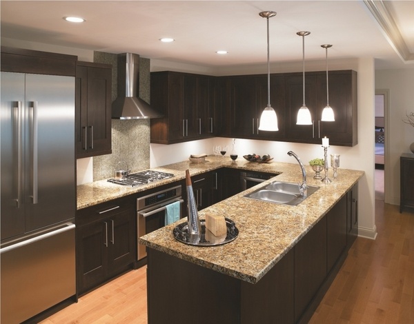 U shaped kitchen design dark cabinets granite countertops