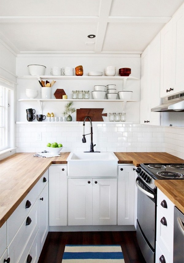 U shaped white kitchen butcher block countertops farmhouse sink