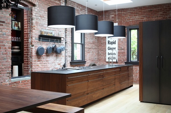 Walnut cabinets modern industrial style brick wall drum chandeliers