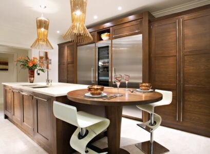 amazing-kitchens-walnut-kitchen-cabinets-round-dining-table-modern-lighting-fixtures