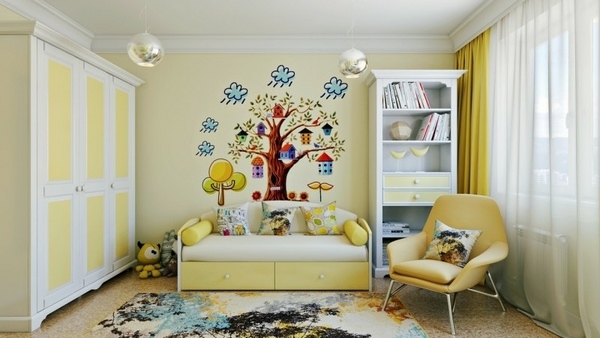 awesome-murals-for-kids-bedroom-yellow-walls-tree-clouds