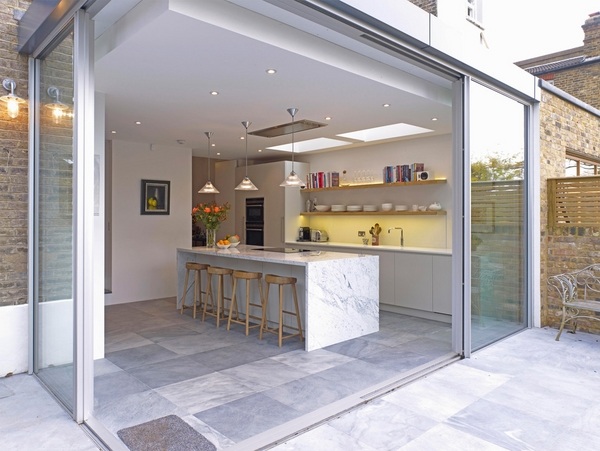 kitchen extension ideas glazed sliding doors skylights modern lighting